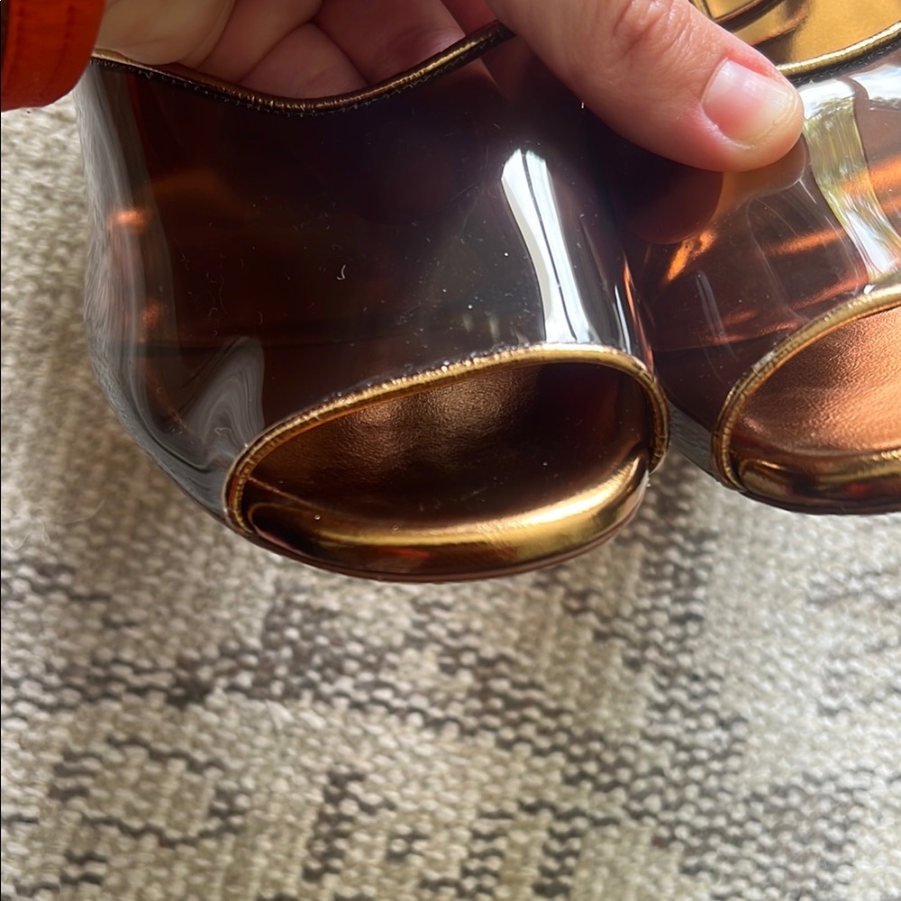 Marc Jacobs Metallic Bronze and Brown PVC Peep-Toe Block Heel / Wedge Sandals - Picture 9 of 10